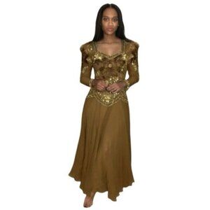 Isabella Vintage Silk Golden Sequin Beaded Embellished Evening Gown